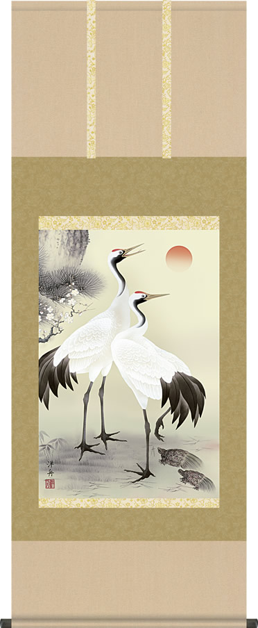 掛け軸-松竹梅鶴亀／小野洋舟（尺五あんどん・桐箱・風鎮付き）丈の