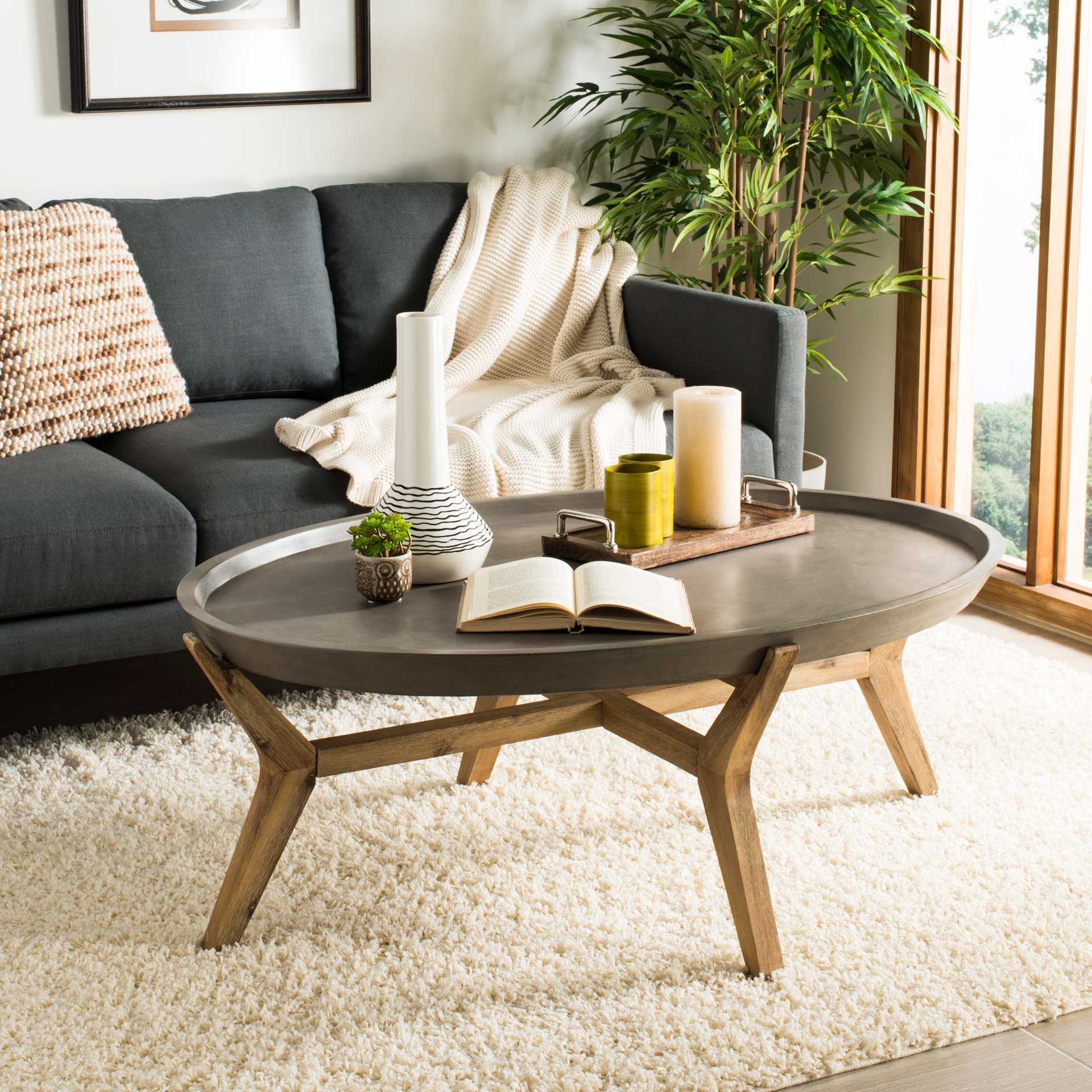 Hagan Modern Concrete Oval Coffee Table Dark Gray - Froy.com
