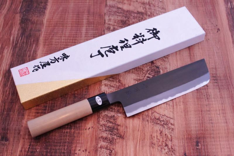 三条 日野浦刃物工房 味方屋 菜切り165mm 黒打 白紙2号鋼 水牛鎬朴柄