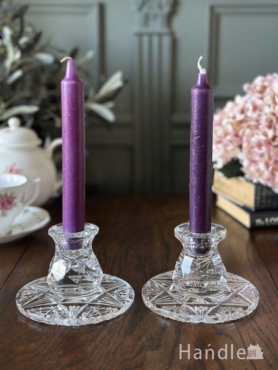 英国アンティークガラスの燭台セット、星の模様がおしゃれなロウソク