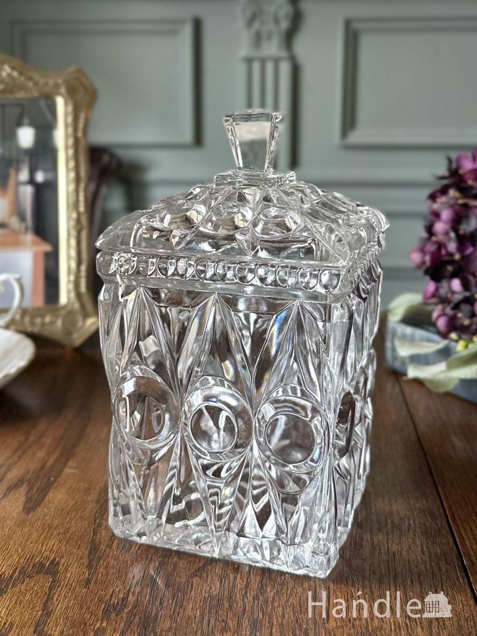 英国アンティークガラスのおしゃれなキャニスター、プレスドグラスの