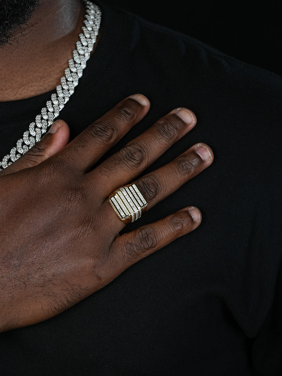 Mens REAL Solid 925 Sterling Silver 14k Gold Finish Iced Baguette