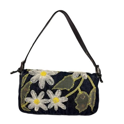 FENDI Vintage FF Logo Denim Mamma Baguette Shoulder Bag Flower