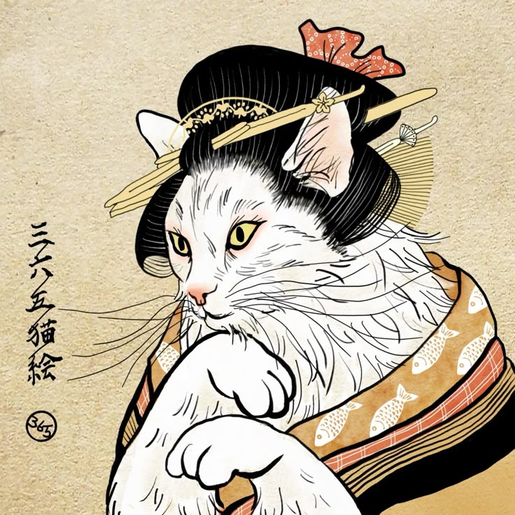 浮世絵 喜多川歌麿美人画風猫イラスト UKIYOE CAT by 365CAT.ART