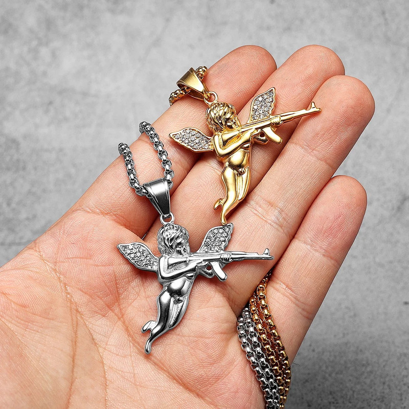 Angel Cupid AK47 Gun CZ Gold Silver Stainless Steel Men Necklaces