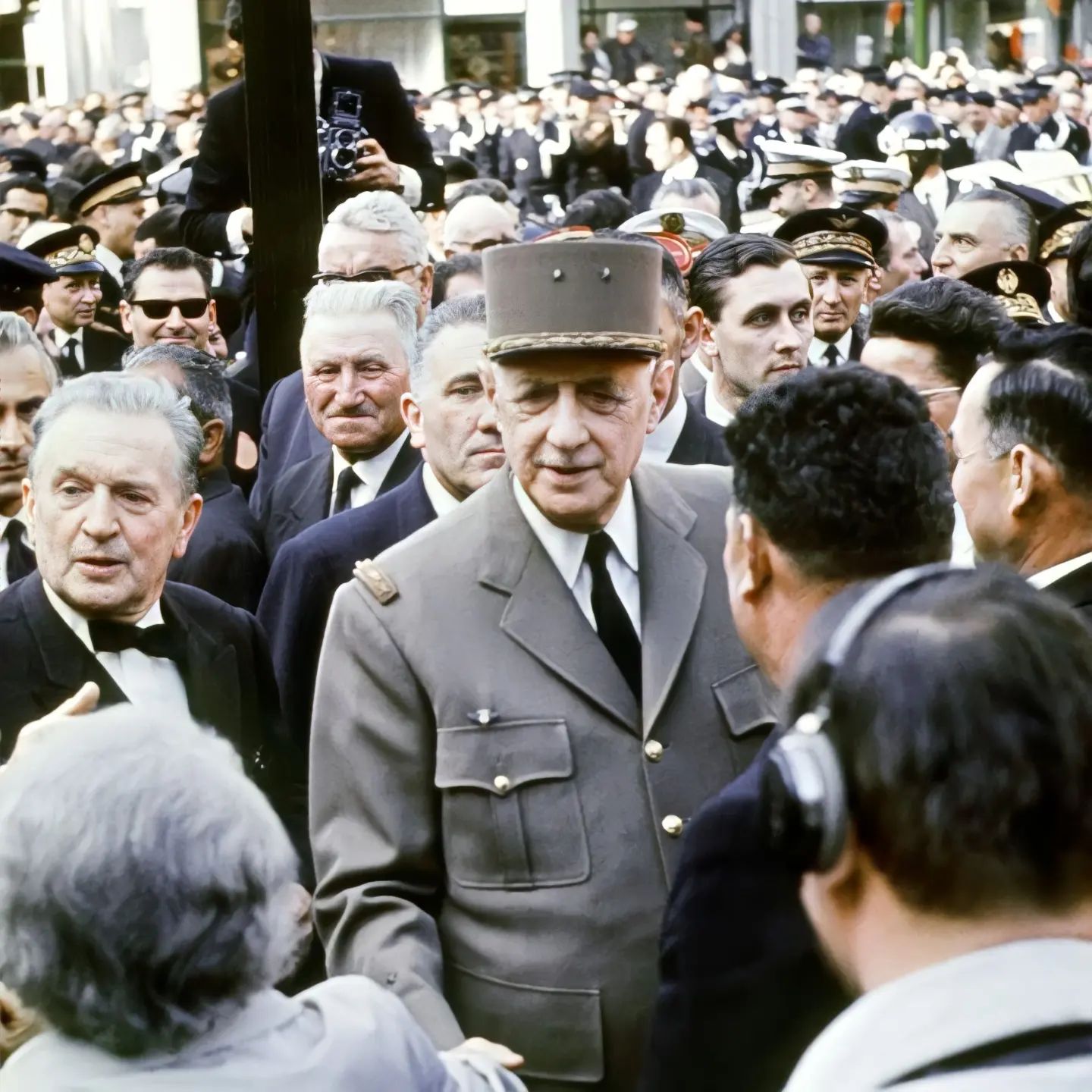 French President Charles de Gaulle greeting civilians during a