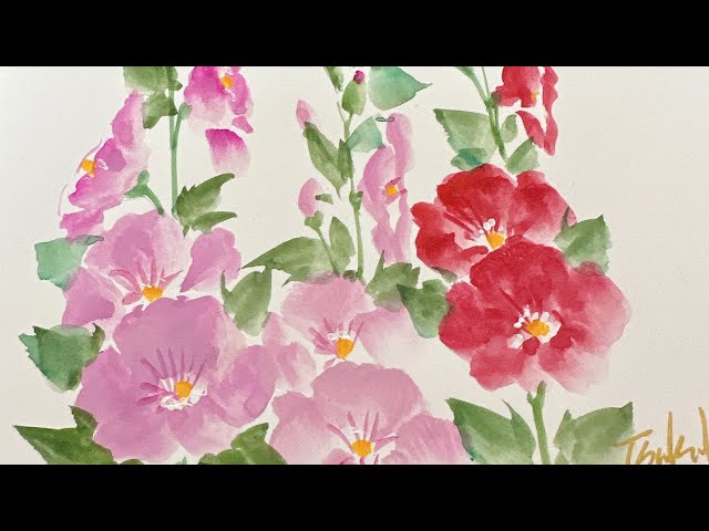 7月の絵タチアオイと睡蓮の花How to draw hollyhocks and water