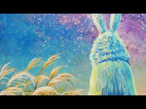 油絵】【お月見に満月の星空を見上げるウサギ】#油絵 #手書き #アート