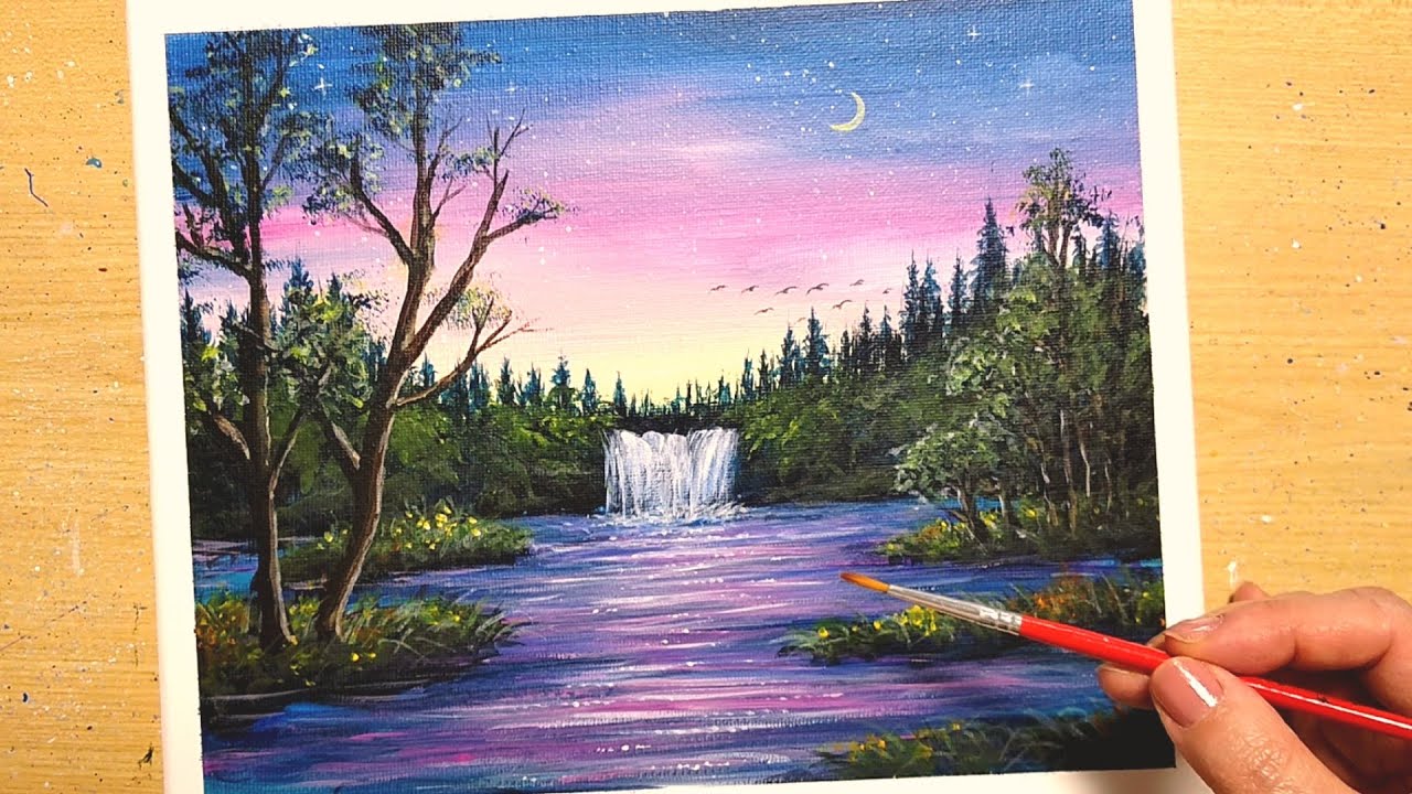 How to draw [waterfall and lake landscape] with acrylic paint