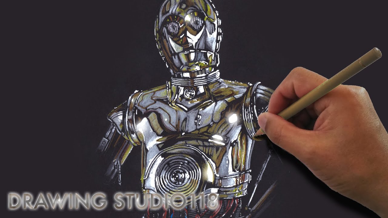 Drawing Star Wars C-3PO on black paper with colored pencils