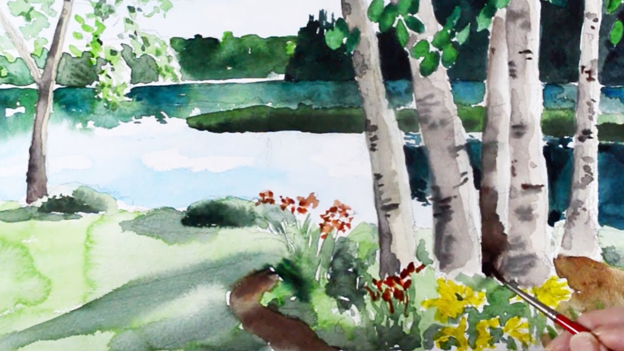 水彩画 watercolor 「白樺の木と湖」Birch trees and lake - YouTube