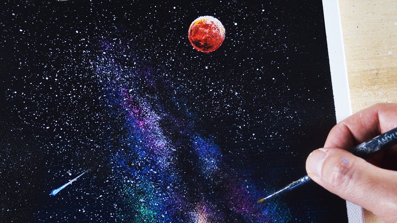 Acrylic painting / How to draw a galaxy full moon and cat with