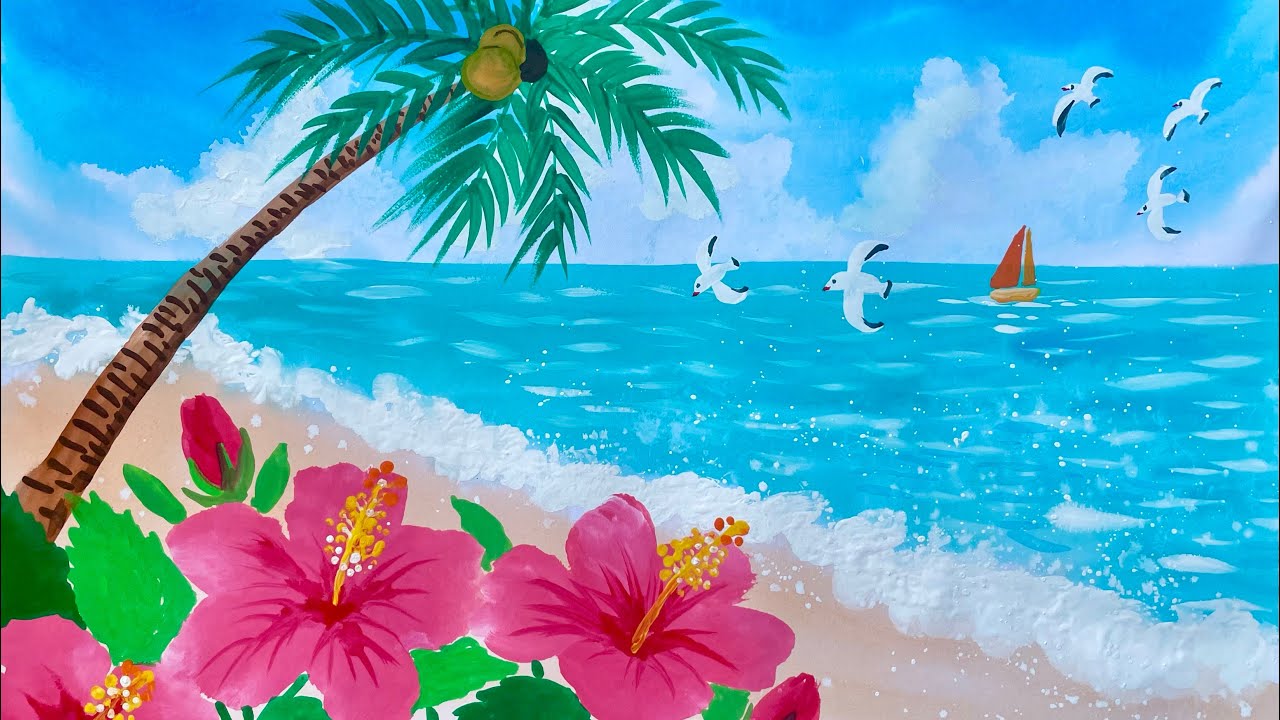 小学生でも水彩絵の具だけで簡単！ハイビスカスとヤシの木と海辺の景色