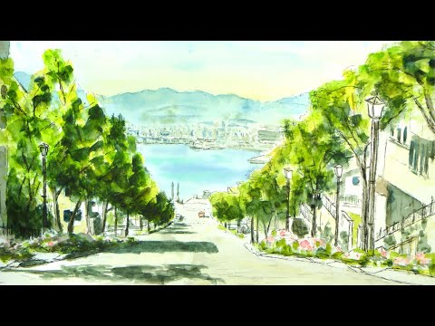初夏の函館湾と八幡坂 【透明水彩風景画】 ／ Hakodate Hokkaido Japan