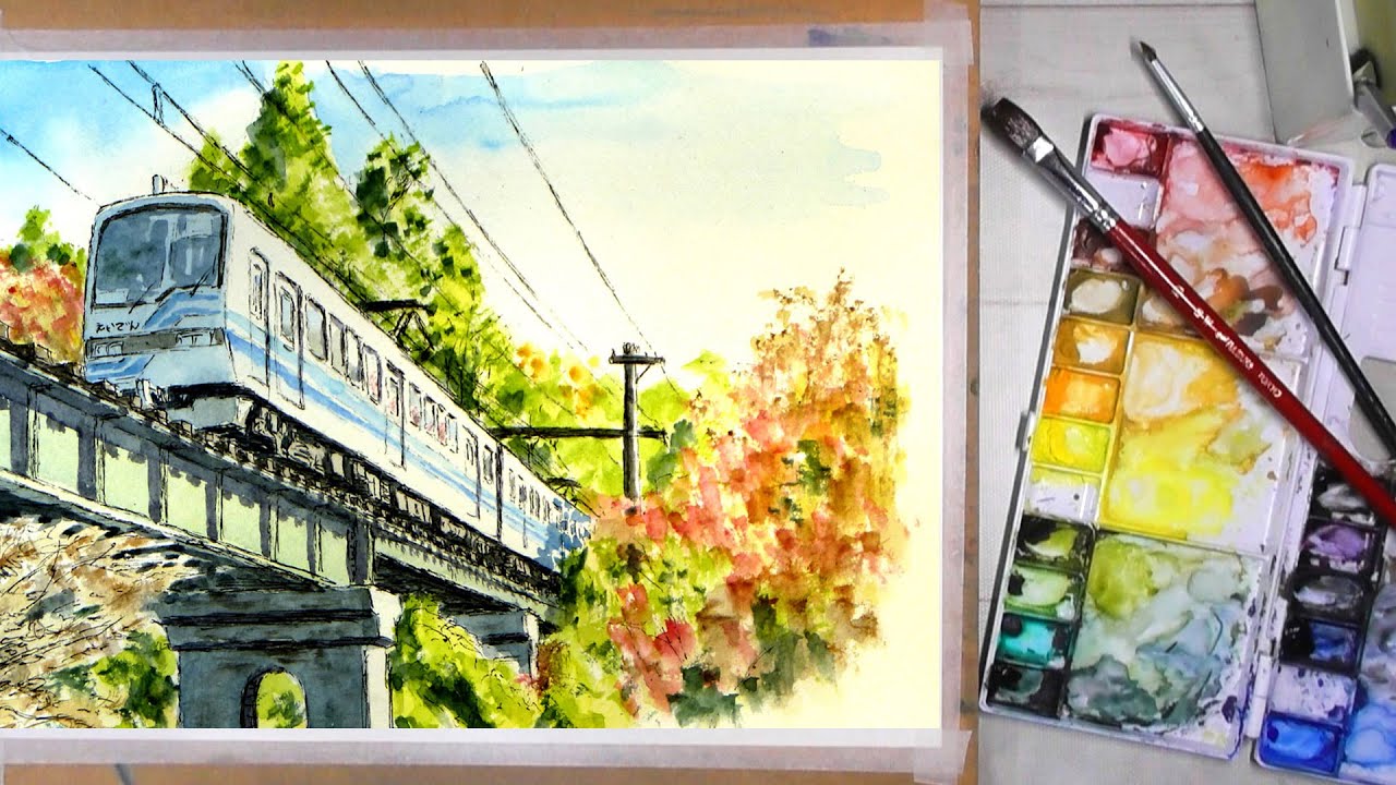 秋晴れの光 ／ 京都・叡山電鉄 【透明水彩風景画】 Autumn weather