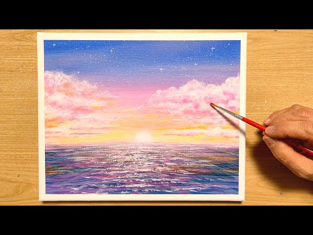 How to draw a pink sunset with acrylic paint / Simple acrylic
