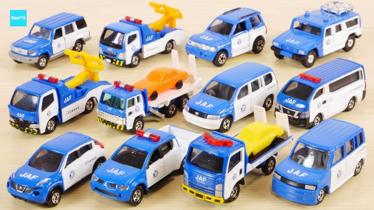 All 14 Tomica JAF cars: Probox, Caravan, Juke, Elf, bB, Canter