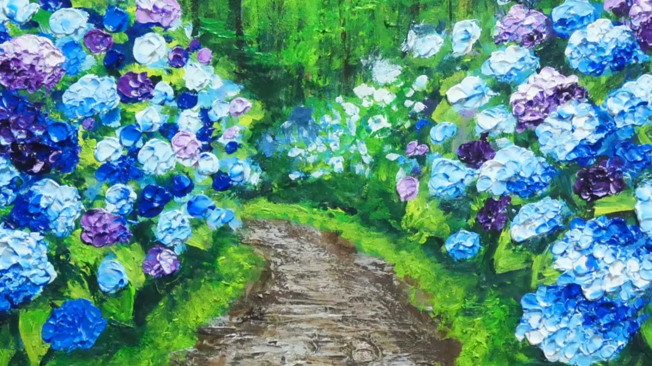 油絵】【梅雨の紫陽花の道】 #油絵 #手書き #アート #紫陽花 #絵画 #絵