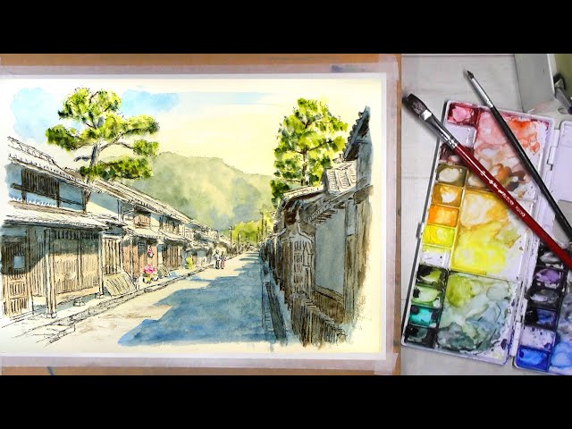 まっすぐな道は一点透視 ／ 滋賀県・近江八幡 【透明水彩風景画