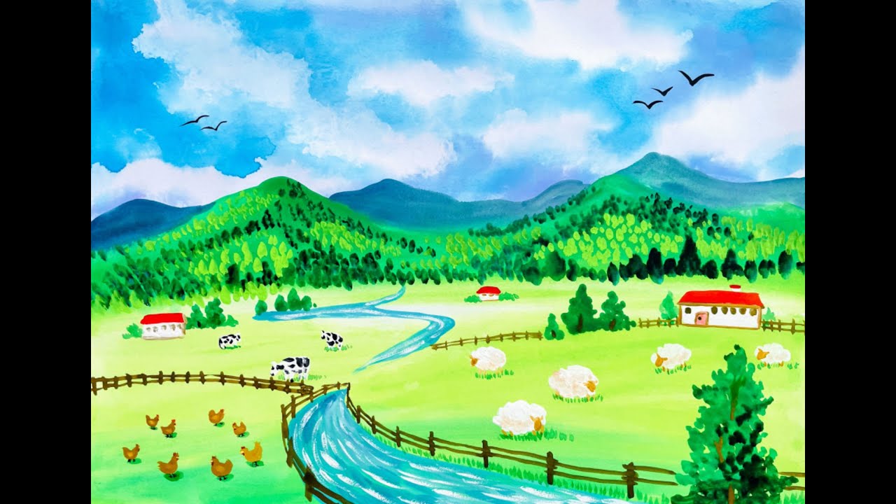 水彩絵の具の透明感を生かして、のびのびとした夏の牧場を描いてみよう