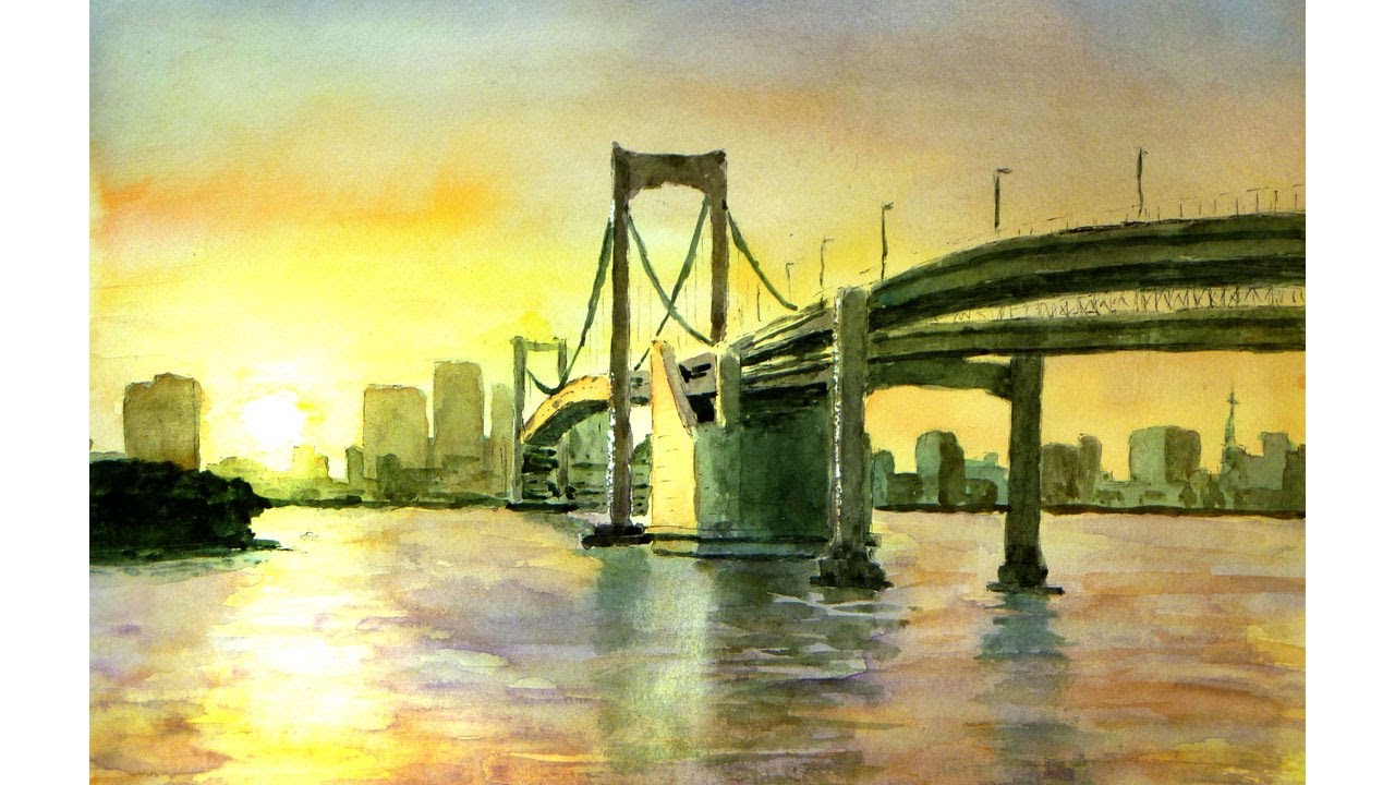 東京、大都会の夕景とレインボーブリッジ（透明水彩風景画） Evening