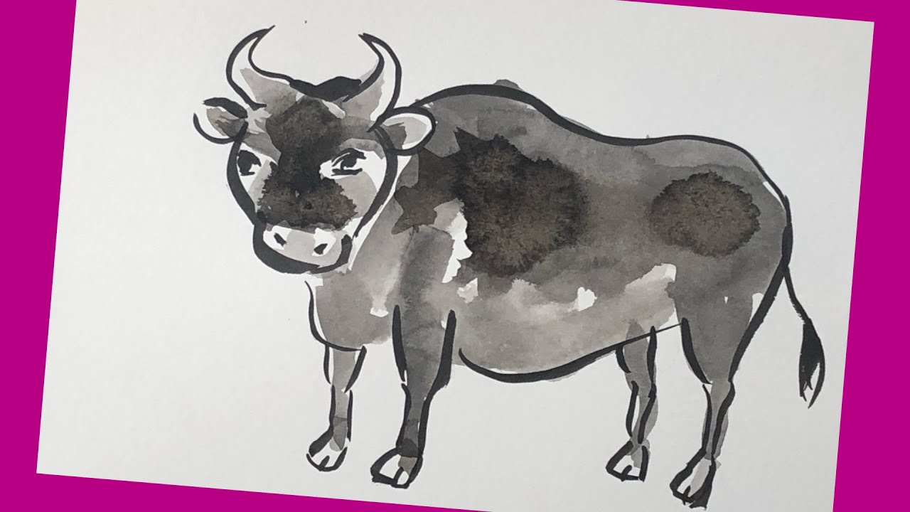 絵手紙妙華】牛の水墨画年賀状の書き方（簡単3分）Japanese Ink