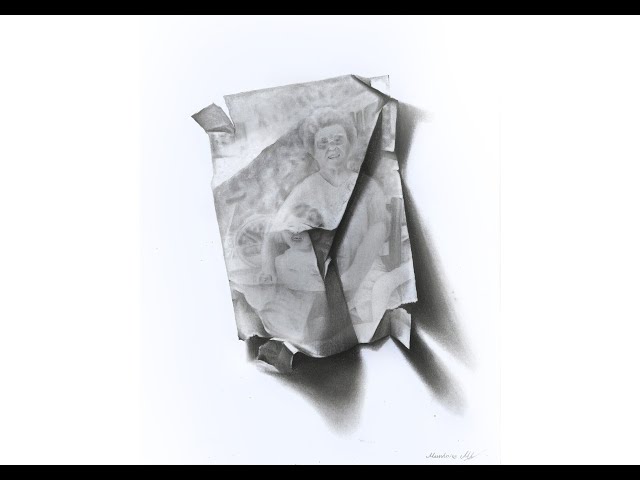 Photorealistic Hyperrealistic pencil drawing crumpled paper