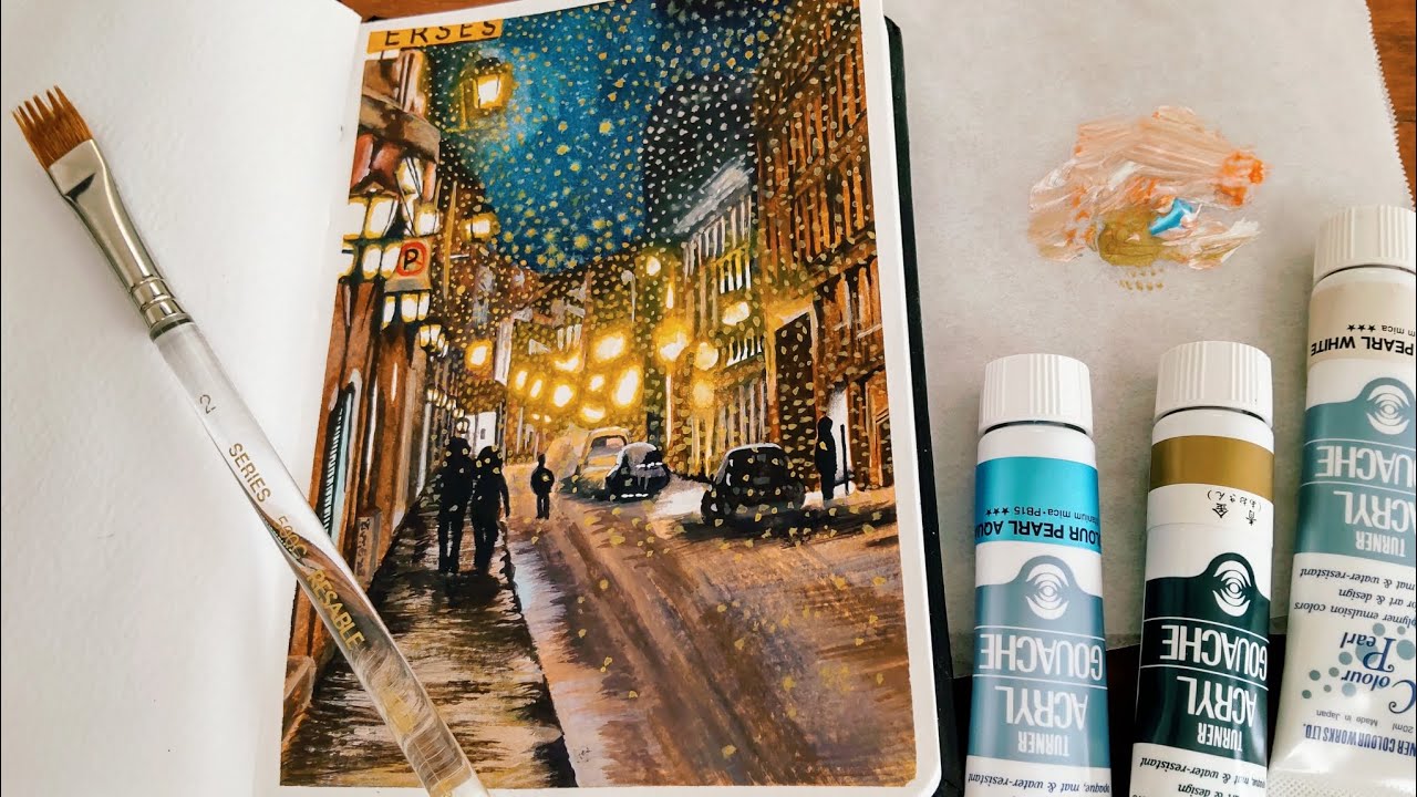 水彩画を始めて210日目／透明水彩で風景画を描く🌨雪が降る夜の街並み