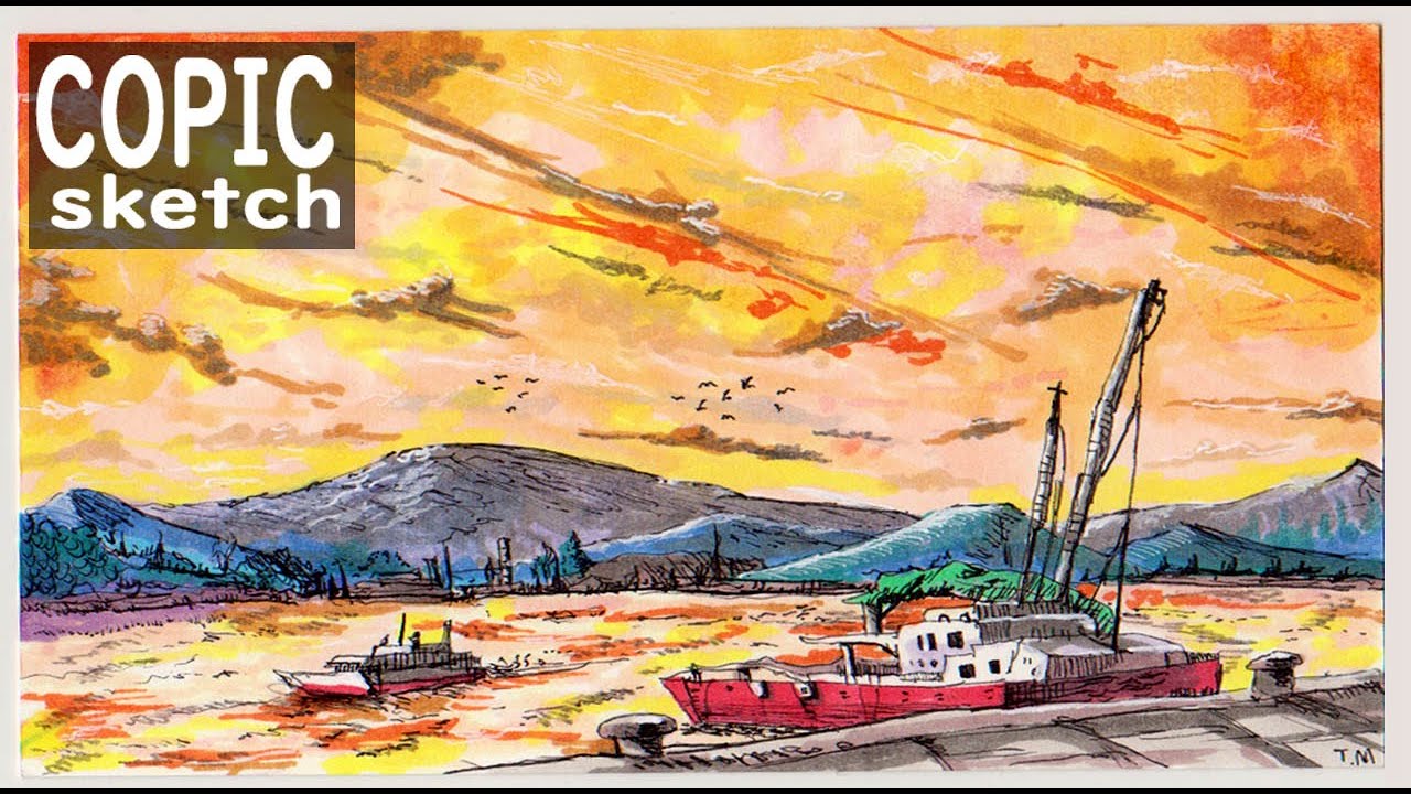 26 コピックで夕焼けの港を描いてみた【風景画】/COPIC Drawing of the