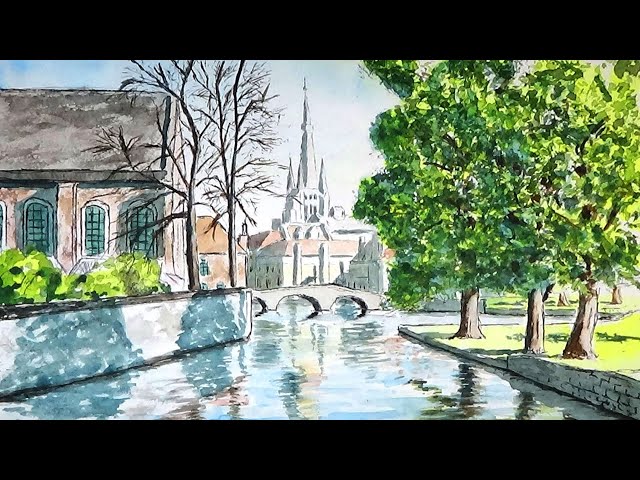 ベルギー ブルージュの運河 (透明水彩風景画) Bruges Canal