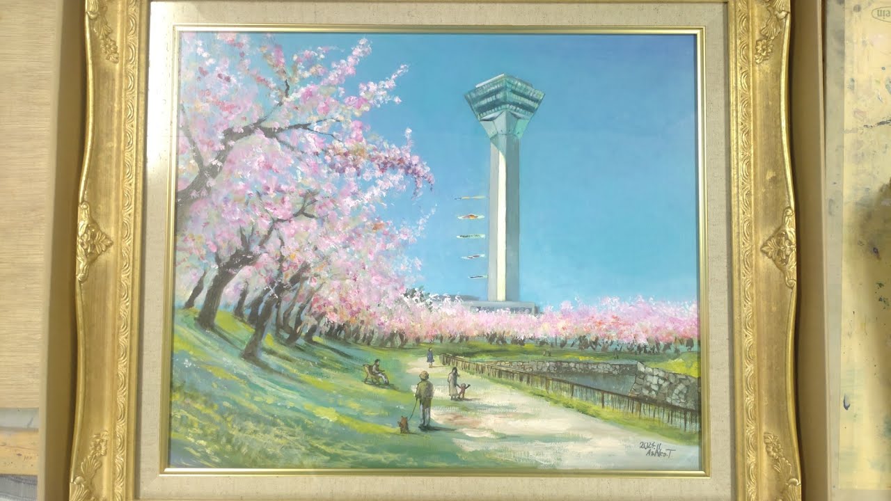 油絵の風景画 絵の具の重ね方 ご依頼作品(函館の五稜郭タワーと桜の