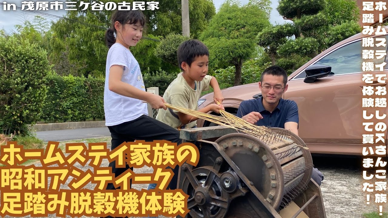 ホームステイ家族の昭和アンティーク足踏み脱穀機体験【里山再生・土壌