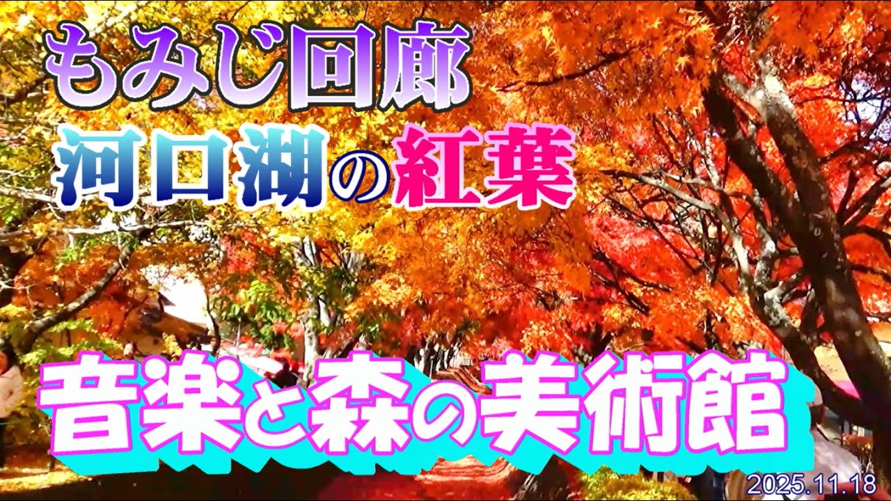 もみじ回廊、河口湖の紅葉 音楽と森の美術館で歌やサンドアート
