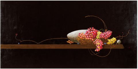 百瀬郷志、【葡萄と篭と】、希少な額装用画集画、新品高級額 額装付