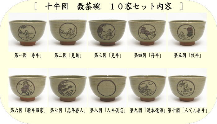茶器/茶道具 抹茶茶碗】 数茶碗 唐津釉 十牛図 西尾香舟作 10客セット