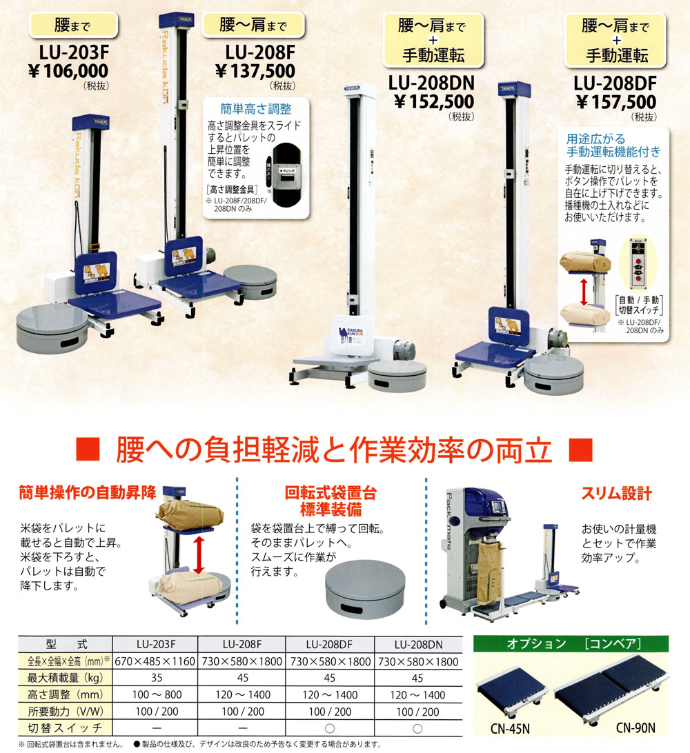 楽天市場】タイガーカワシマ 米袋用昇降機 楽だ君 『LU-203F』 (米袋