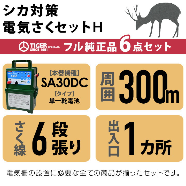 タイガー 電気さくセットH シカ対策 周囲300m さく線6段張仕様 出入口