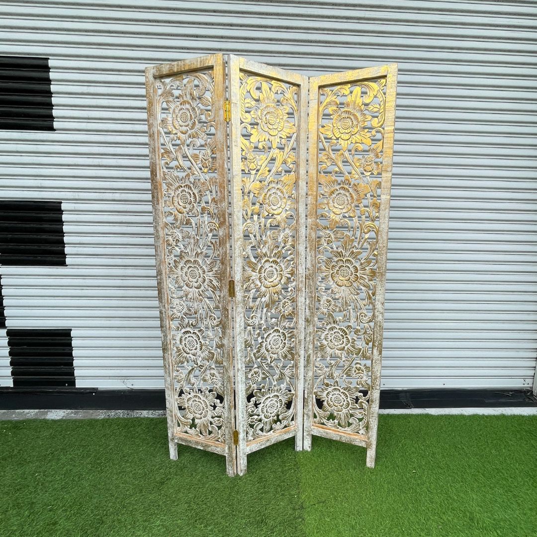 楽天市場】パーテーション 衝立 3連 フラワー柄 ゴールド ブラウン