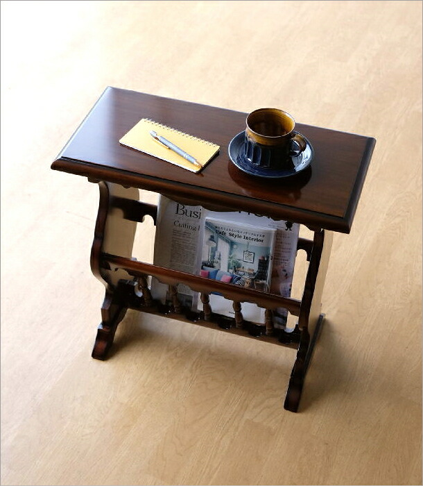 楽天市場】サイドテーブル 木製 マホガニー 無垢材 マガジンラック付き