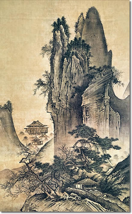 掛け軸-四季山水図（春）／雪舟(尺五立) 水墨山水画 床の間 和室