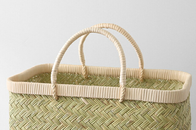 スズ竹市場かご(岩手県鳥越竹細工/籐ハンドル/中サイズ)(約)幅41×マチ