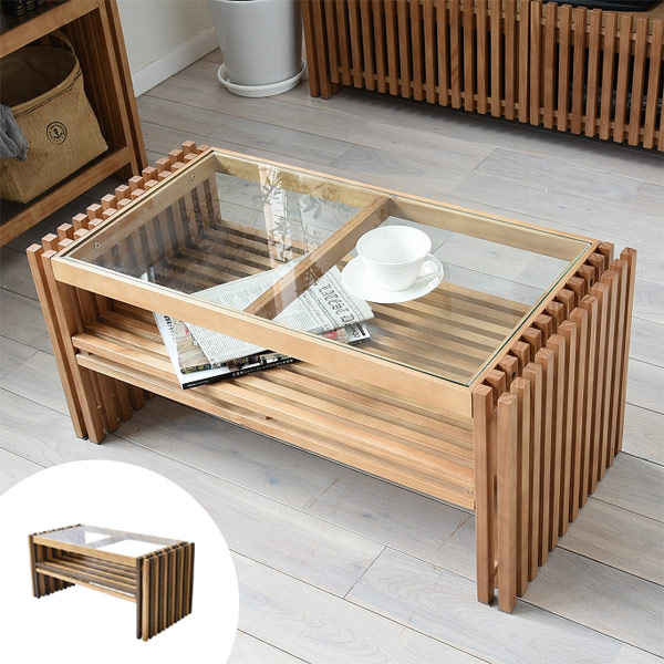 木製ガラス天板 長方形ローテーブルナチュラル ヴィンテージアンティーク