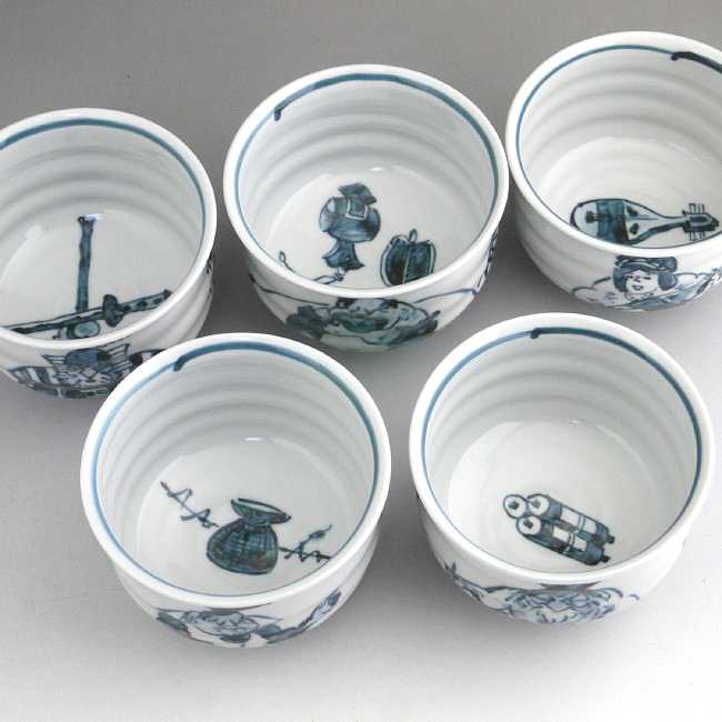染付七福神汲出碗揃え 六斎 幸之介 - 京焼清水焼 松韻堂