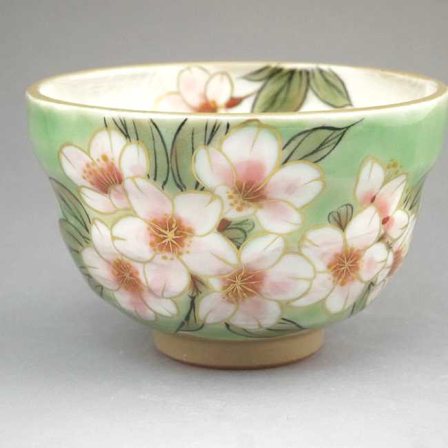 織部五草花お茶呑茶碗 陶あん 桜単品 - 京焼清水焼 松韻堂