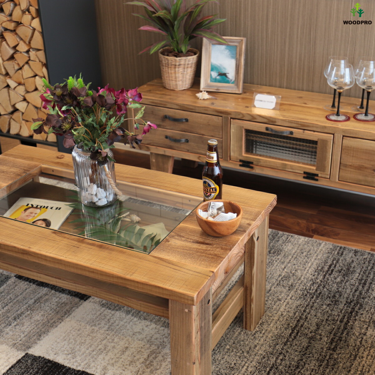 WOODPRO本店】OLD ASHIBA Bタイプセンターテーブル（ガラス入り）