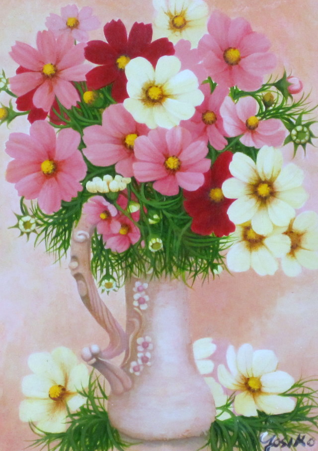 コスモスの絵画・志村好子「花心」油彩・F4