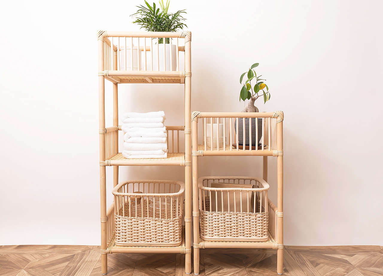 日本製 籐のランドリーラック カゴ付き|ラタン 脱衣かご| 2段 3段