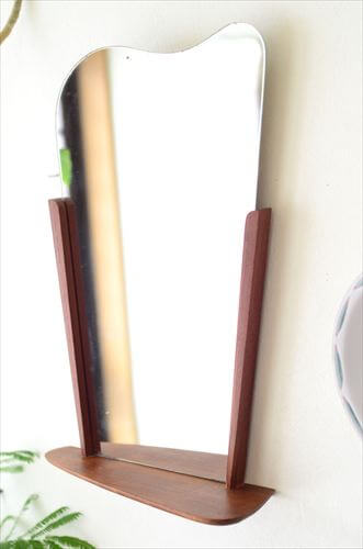 デンマーク製 1960年代 チーク ウォールミラー 53x31cm 棚付き