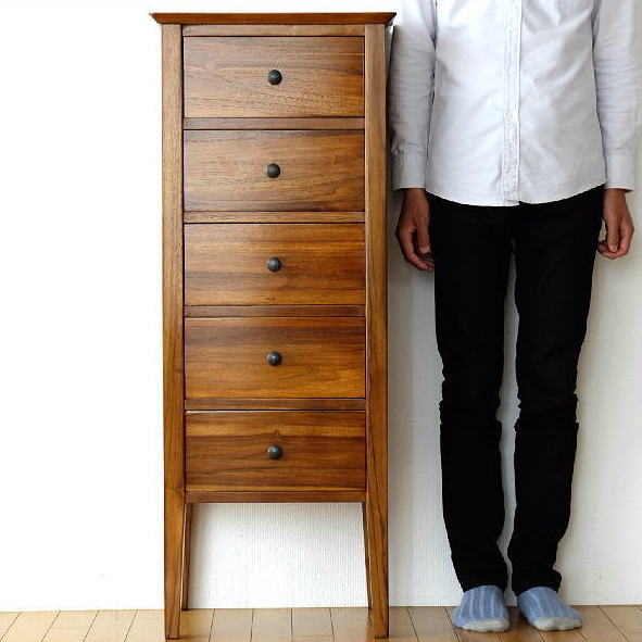 ハイチェスト チーク 無垢材 シンプル おしゃれ 幅45 チークスリム五段