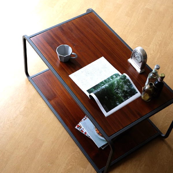 ローテーブル チーク材 木製 天然木 無垢材 棚付き 角丸 幅100 奥行55